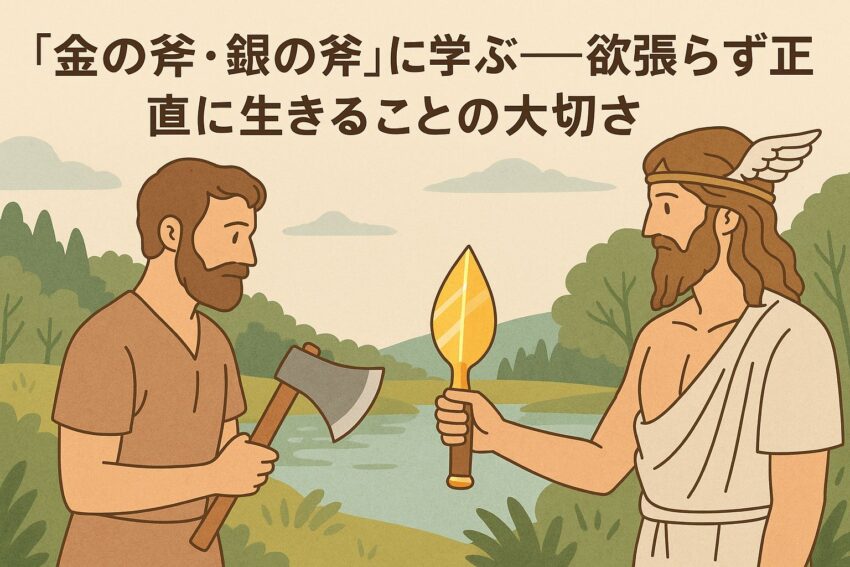 イソップ寓話「金の斧・銀の斧」を描いたイラスト。川辺で木こりが正直に答え、神様が金の斧と銀の斧を示している場面